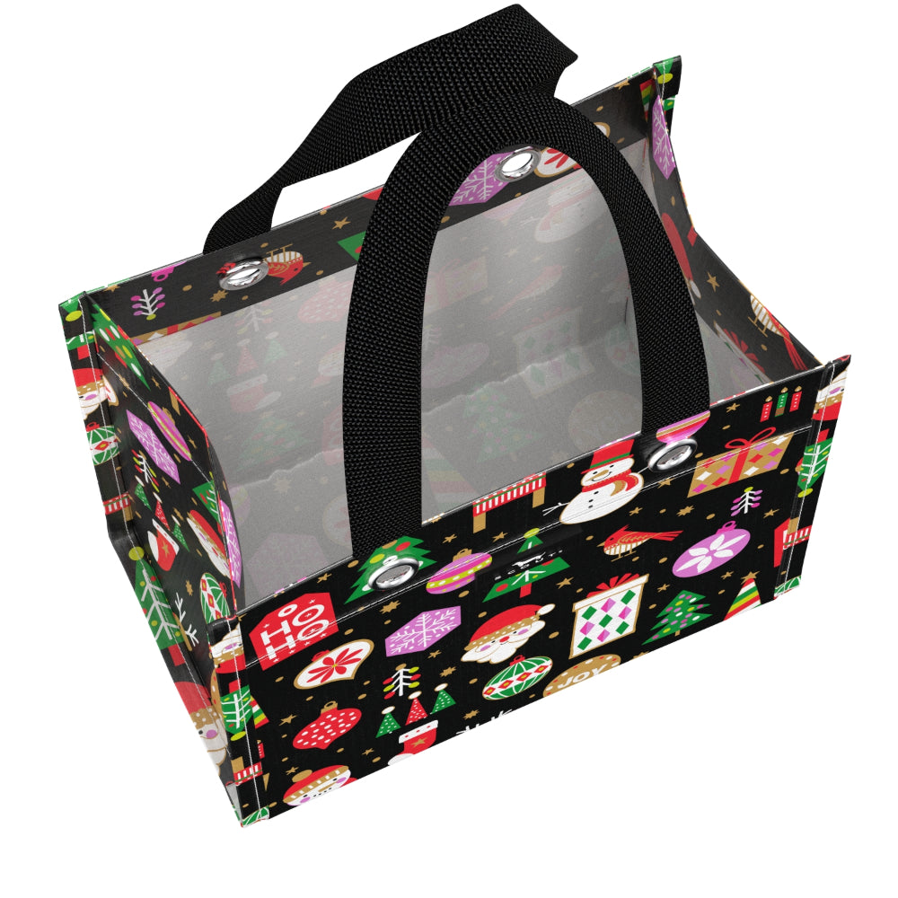 A gift bag with black handle, decorated with a colorful Christmas pattern featuring Santa Claus, snowman, candy canes, and ornaments on a black background.