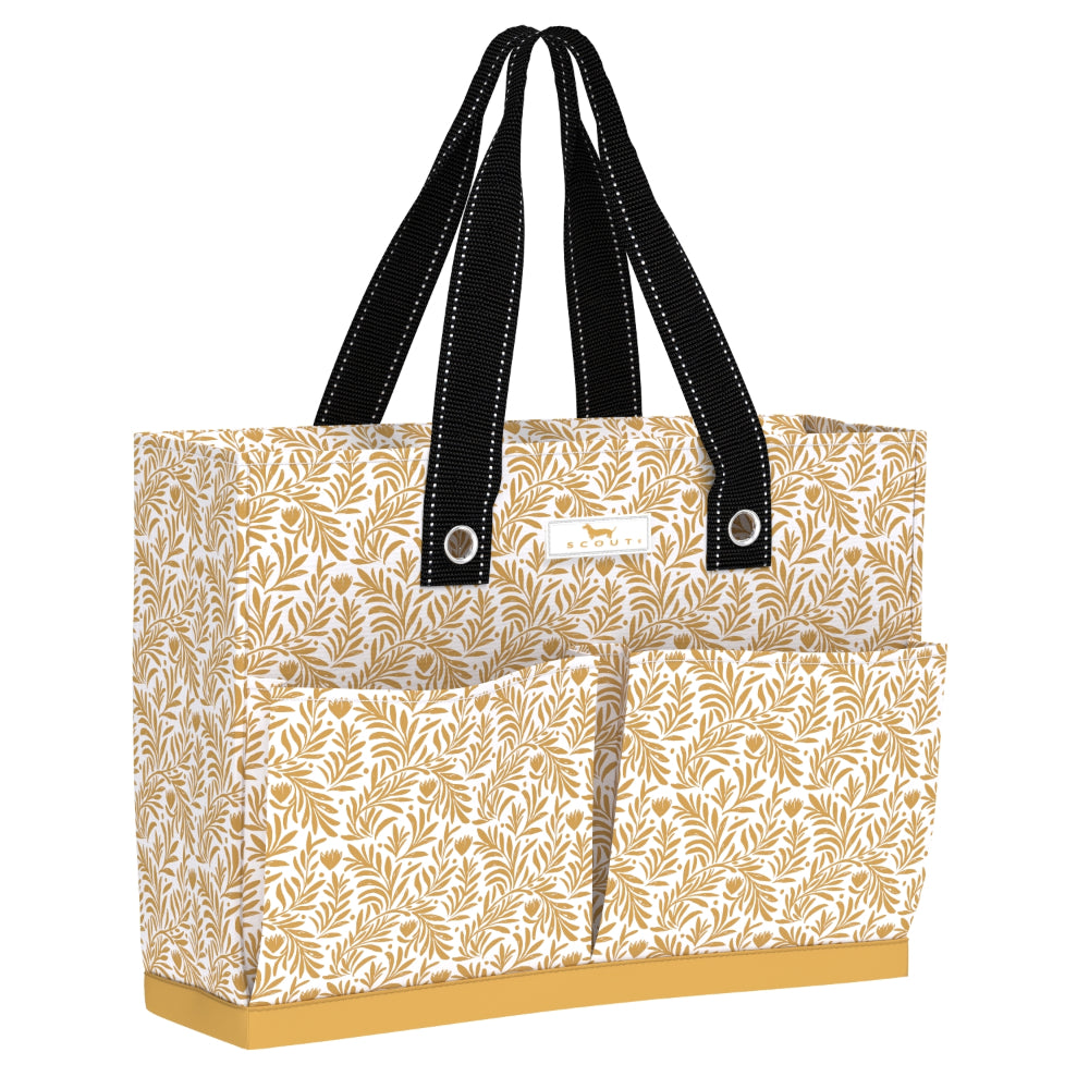 Beige tote bag with black handles and trim on a white background
