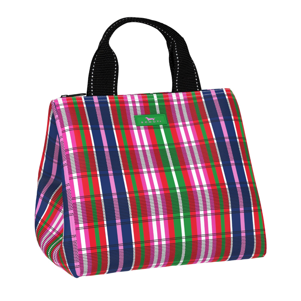 A square canvas lunch bag with a vibrant multicolor plaid pattern in pink, green, navy, and white, featuring black webbed top handles and a small green brand patch on the front.
