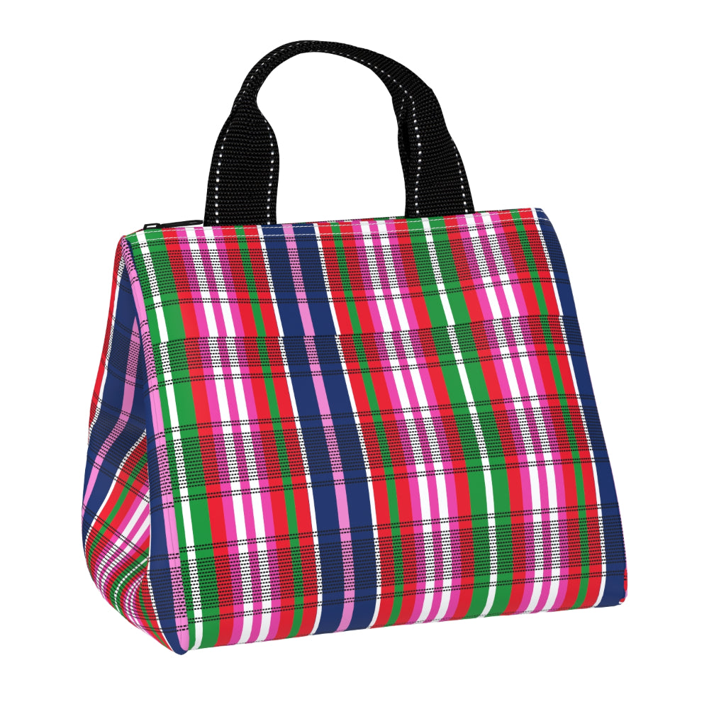 A canvas lunch bag with a vibrant multicolor plaid pattern featuring pink, green, navy, and white stripes, complete with black webbed top handles.