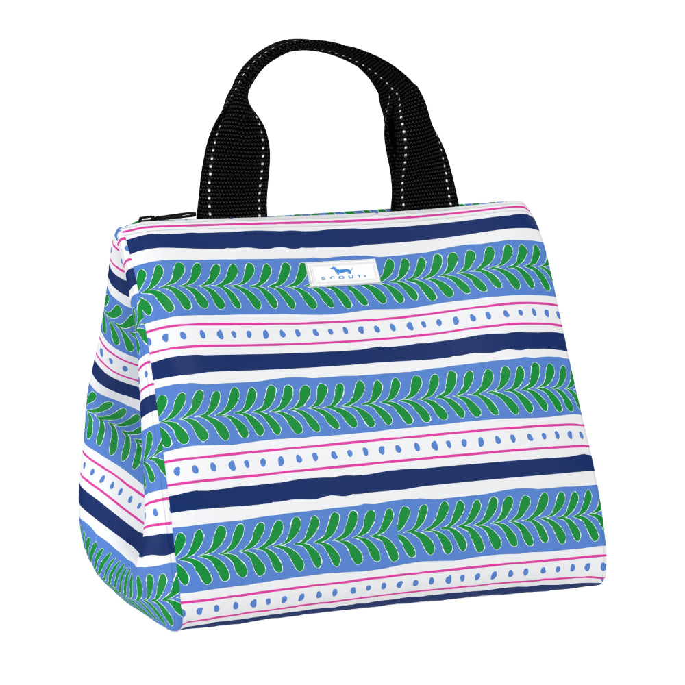 A square canvas lunch bag with a colorful horizontal striped pattern featuring green leaf motifs, navy blue stripes, pink dotted lines, and a black top handle, shown on a plain white background.
