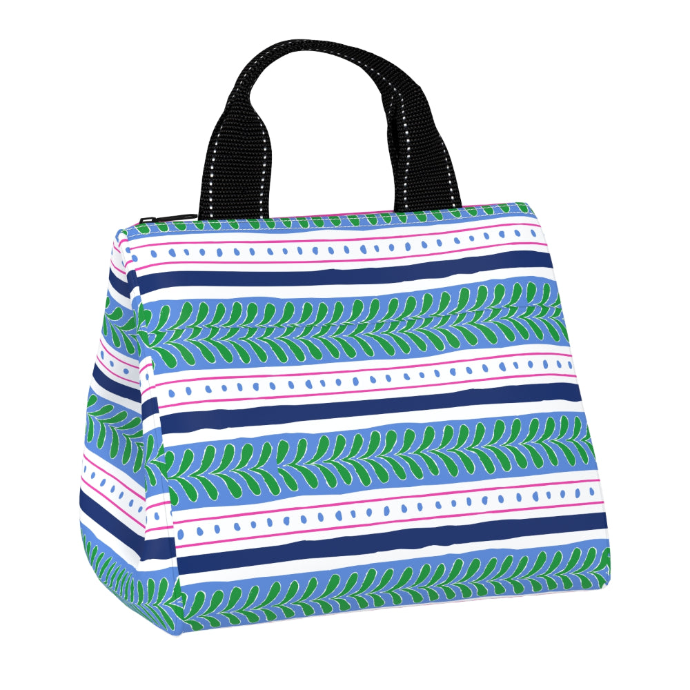 A patterned lunch bag with black handles, featuring horizontal stripes of green leaves, light blue, navy, white, and pink, on a white background.