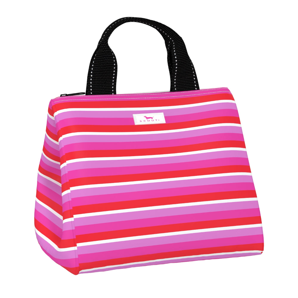 A striped lunch bag with horizontal pink, red, and white stripes, featuring black webbed top handles and a small white brand label on the front.