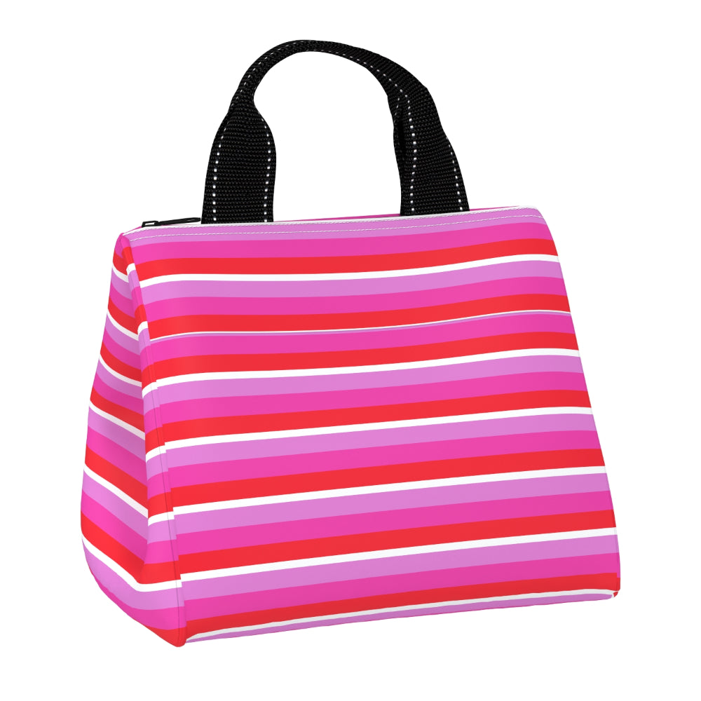 A striped lunch bag with horizontal stripes in shades of pink, red, and white, featuring black webbed top handles on a plain white background.