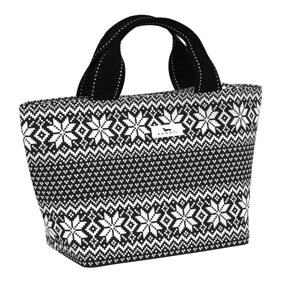 A black and white LUNCH bag with a Fair Isle snowflake pattern, featuring two black webbed handles and a small white brand tag on the front.