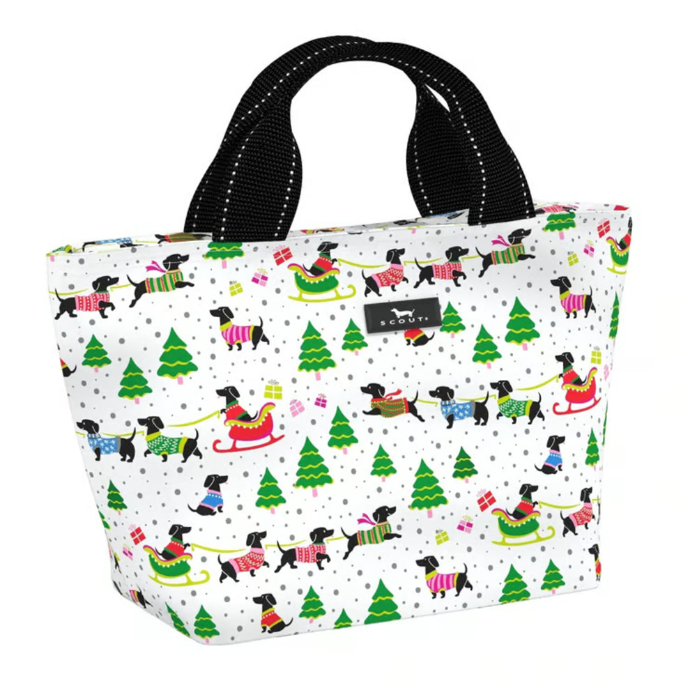 A white insulated tote bag with a black handle, featuring a festive Christmas print of black dachshunds pulling sleds with green trees and colorful gifts. A small black brand label on the front reads 'Snoopy's'.