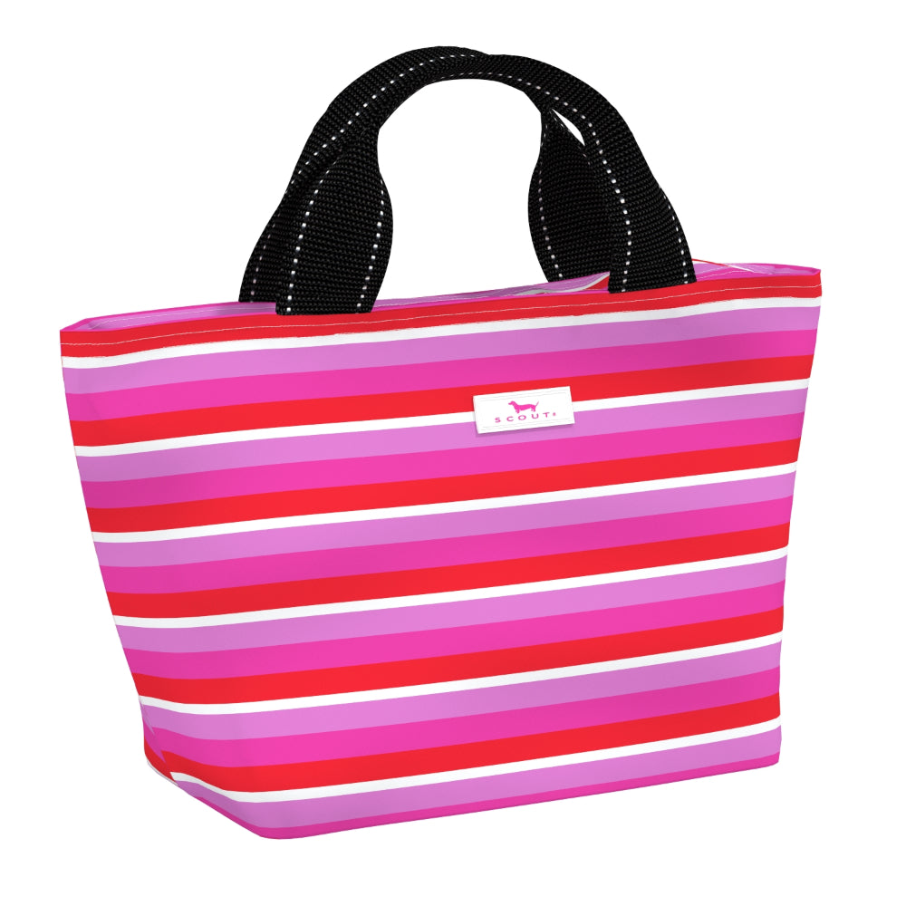 A striped tote bag with horizontal bands of pink, red, magenta, and white, featuring black webbed handles with white stitching and a small white brand label on the front.