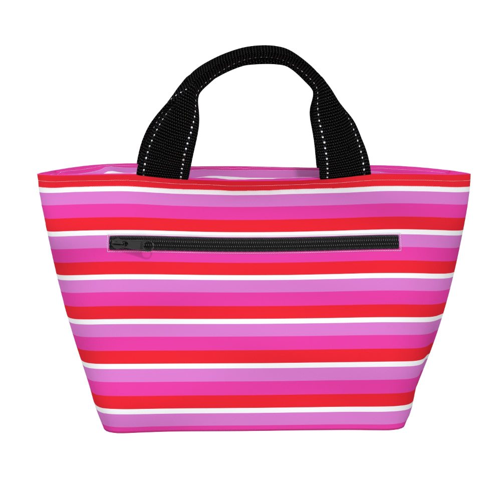A striped lunch bag with horizontal pink, magenta, red, and white stripes, featuring black webbed handles and a black zipper pocket on the front, set against a plain white background.