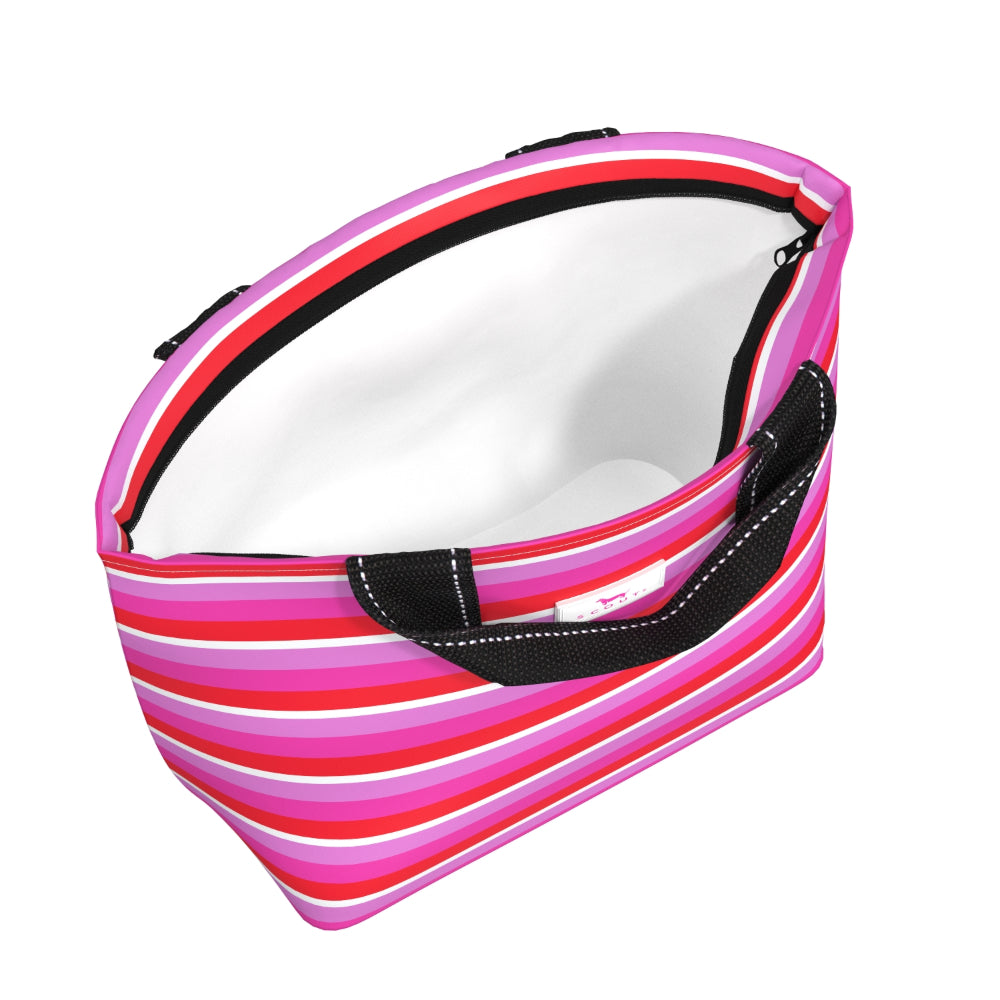 A striped zippered lunch bag with pink, red, and white horizontal stripes, black handles, and a white interior, shown on a plain white background.