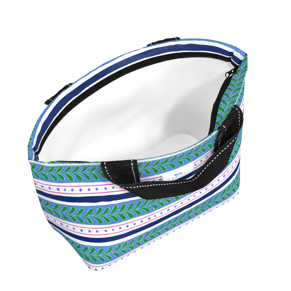 A zippered cooler lunch bag with a green and blue leaf patterned exterior, black handles, and a white interior, shown on a plain white background.
