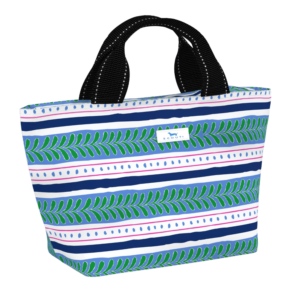 A lunch bag with a colorful horizontal striped pattern featuring green leaf motifs, navy blue stripes, and pink dotted lines on a white base. It has black webbed handles with white stitching and a small white brand label on the front.