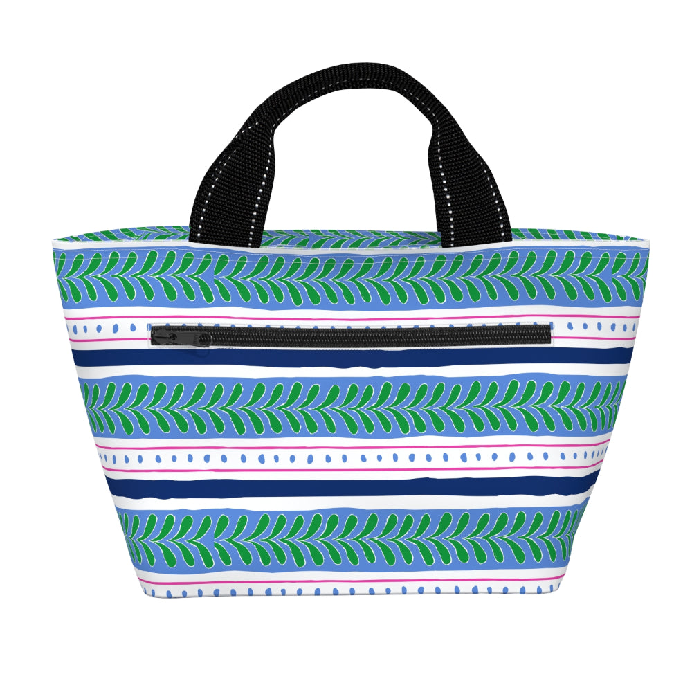 A lunch bag with a blue, green, and white striped pattern featuring leaf motifs, black webbed handles, and a black front zipper pocket.