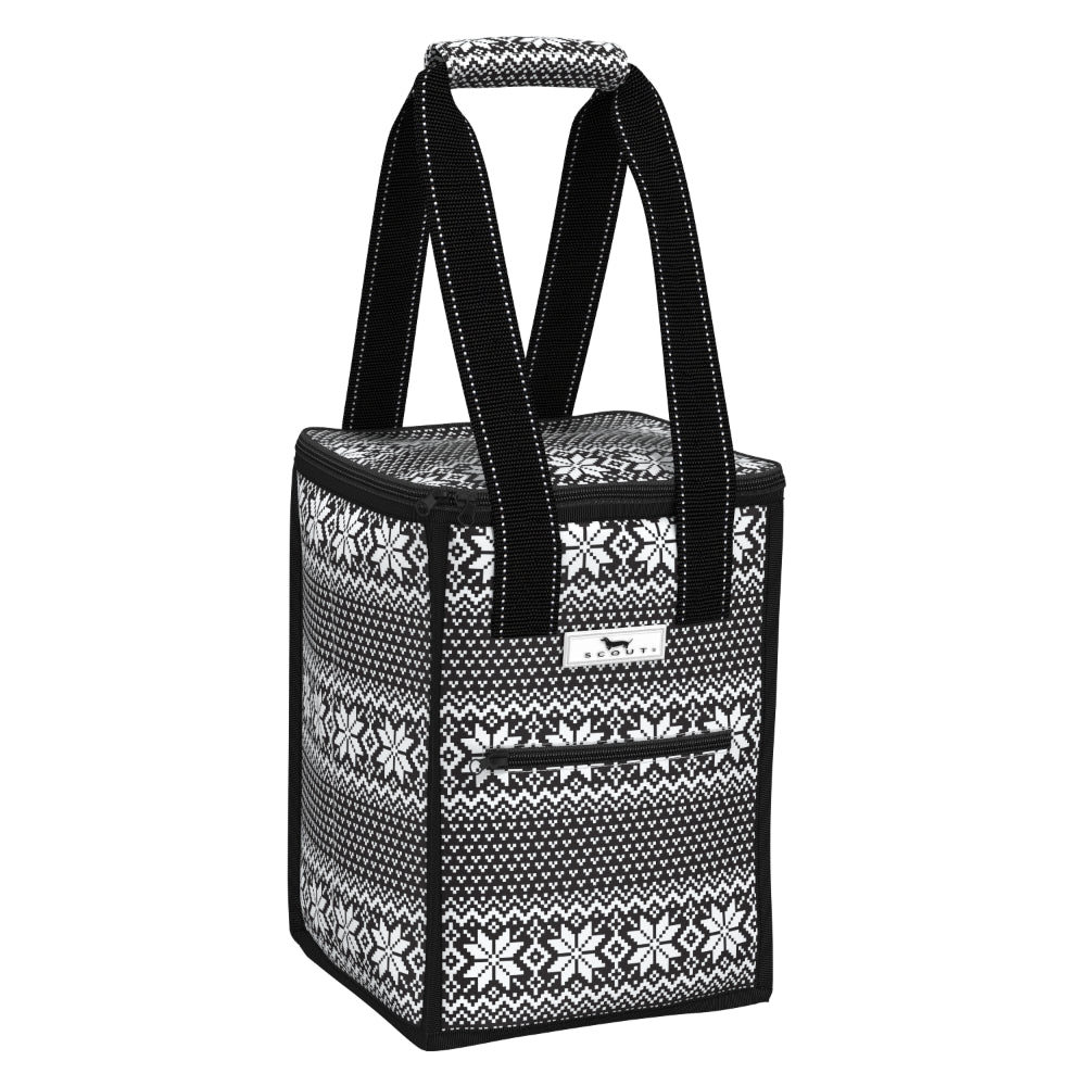 A black and white patterned soft-sided cooler tote bag with black handles and a front zipper pocket, shown on a plain white background.
