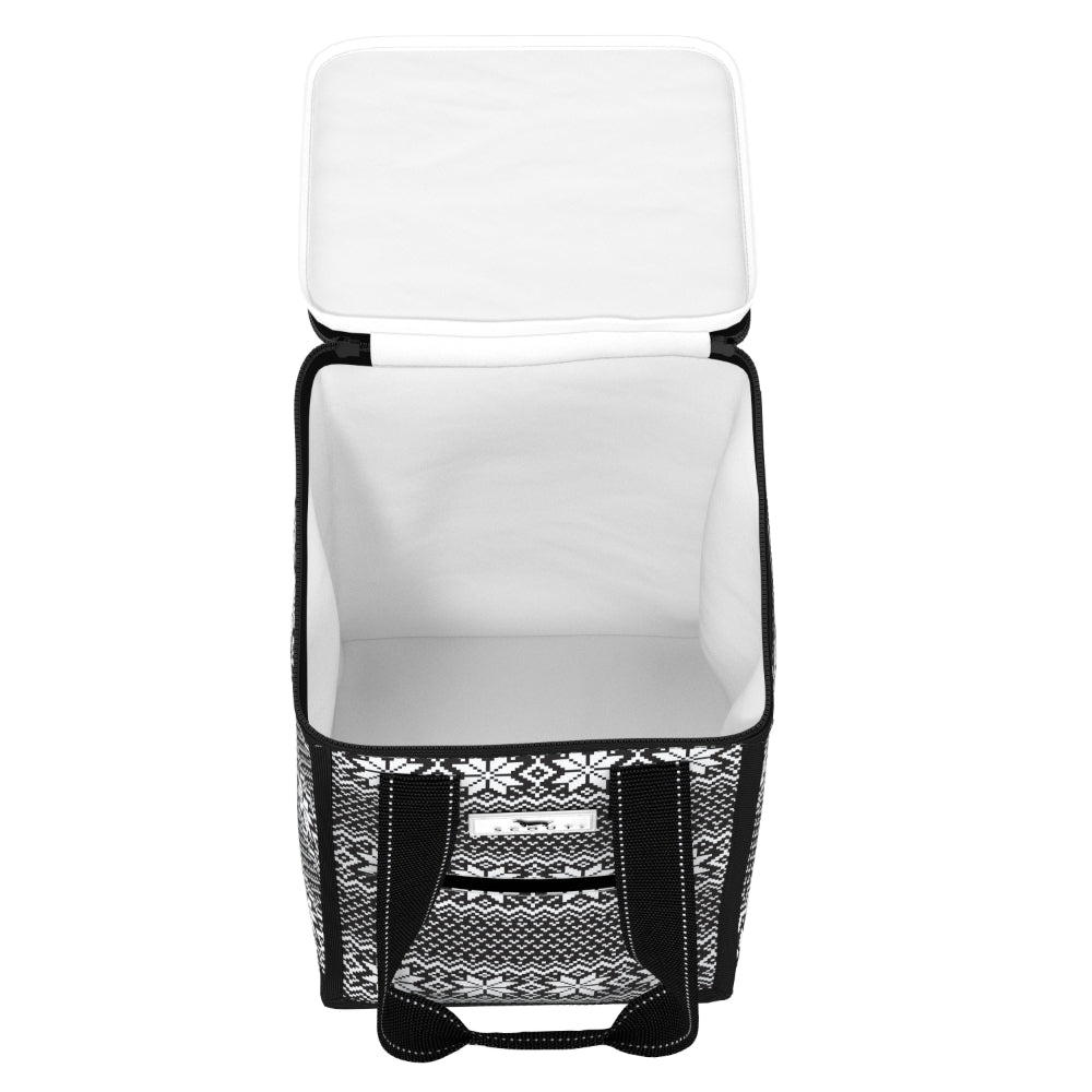 An open soft-sided cooler bag with a white interior and a black-and-white geometric patterned exterior, shown on a plain white background.