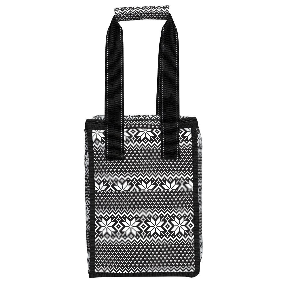 A black and white patterned tote bag with a Nordic fair isle snowflake design and black shoulder straps, shown against a plain white background.