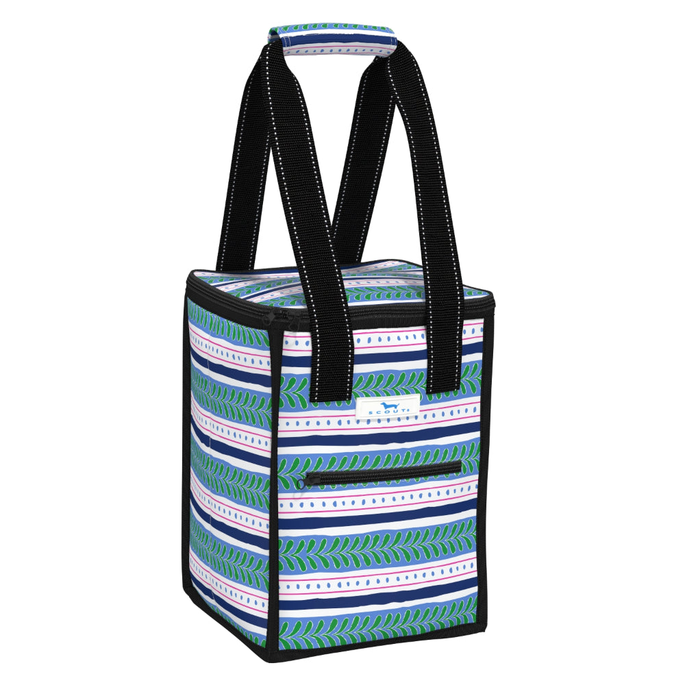 Striped cooler bag with handles on a white background