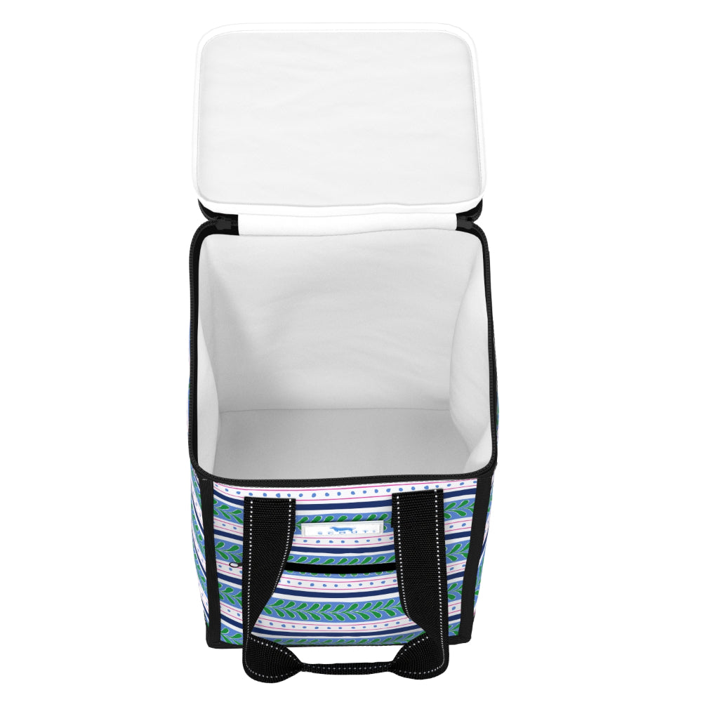 An open soft-sided cooler bag with a white interior and a patterned exterior featuring horizontal stripes in teal, purple, white, and black.