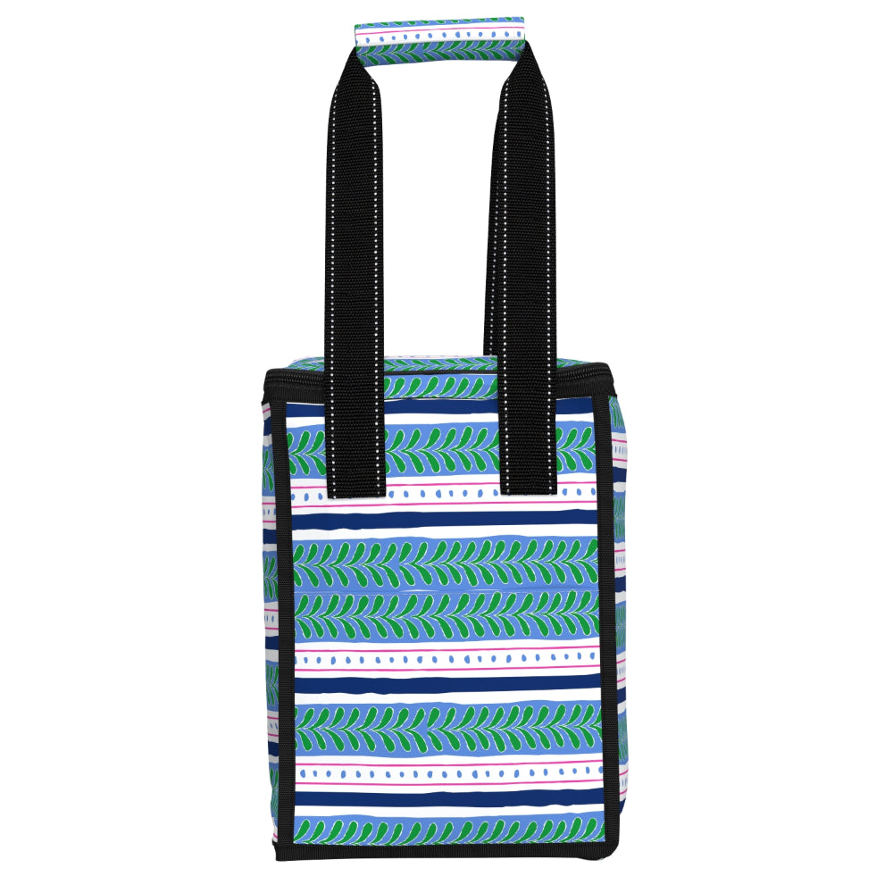 A rectangular insulated tote bag with a colorful geometric pattern in green, blue, white, and pink, featuring two black shoulder straps with white stitching, shown against a plain white background.