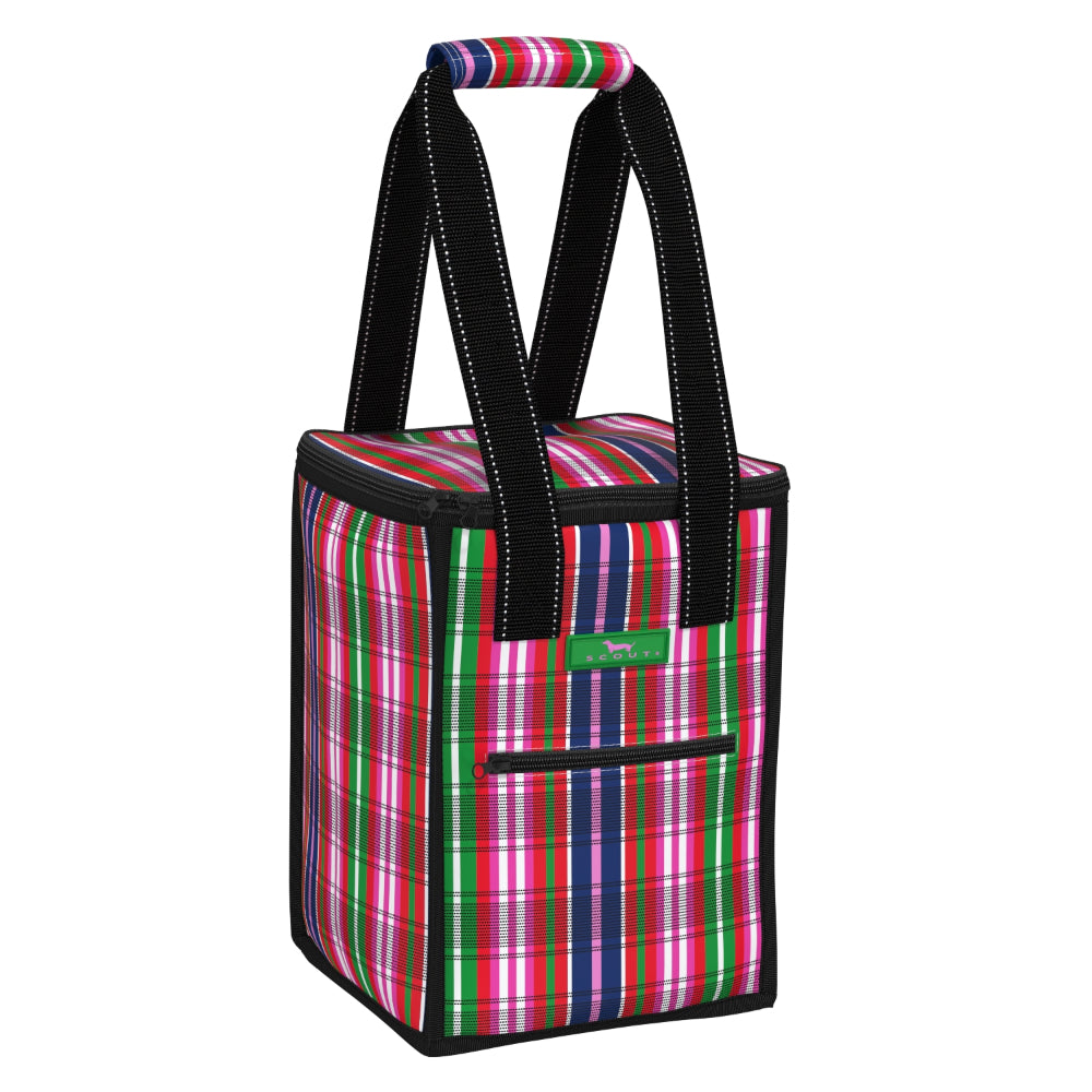 A square-shaped insulated tote bag with a vibrant multicolor plaid pattern featuring pink, green, red, and blue stripes, complete with black shoulder straps and a small green brand label on the front pocket.