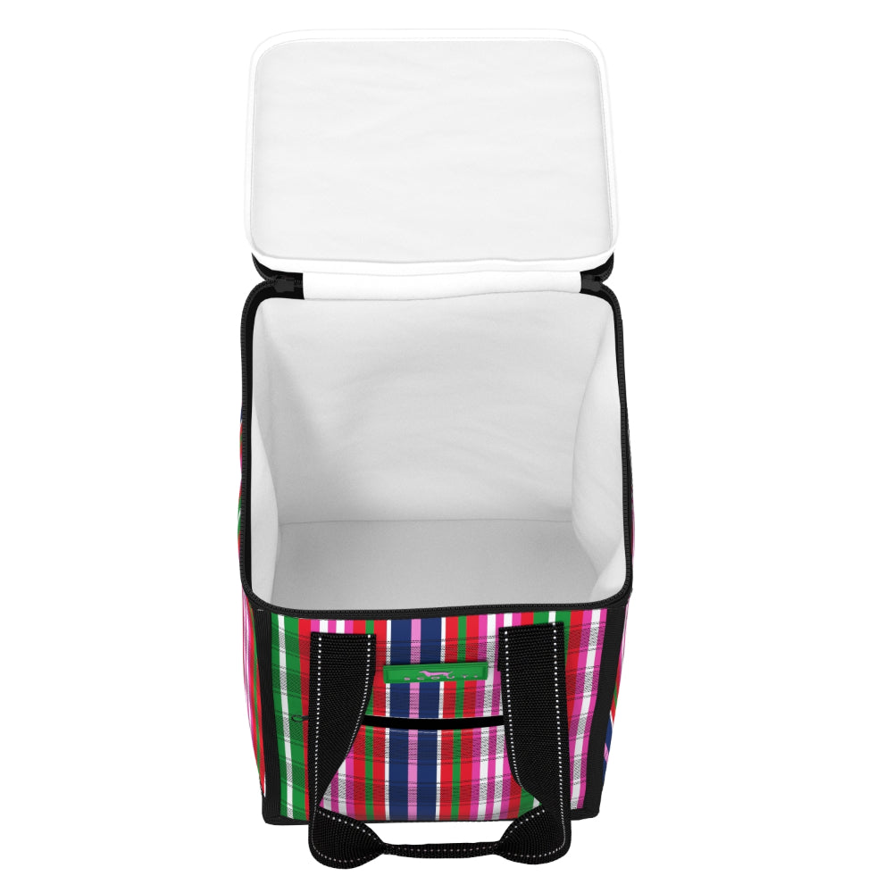 An open soft-sided cooler bag with a white interior and a colorful striped plaid pattern on the exterior, featuring black handles and trim.