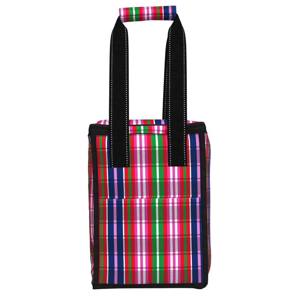 A rectangular tote bag with a vibrant multicolor plaid pattern featuring pink, green, blue, red, and white stripes, complete with black shoulder straps and a black top trim, shown against a plain white background.
