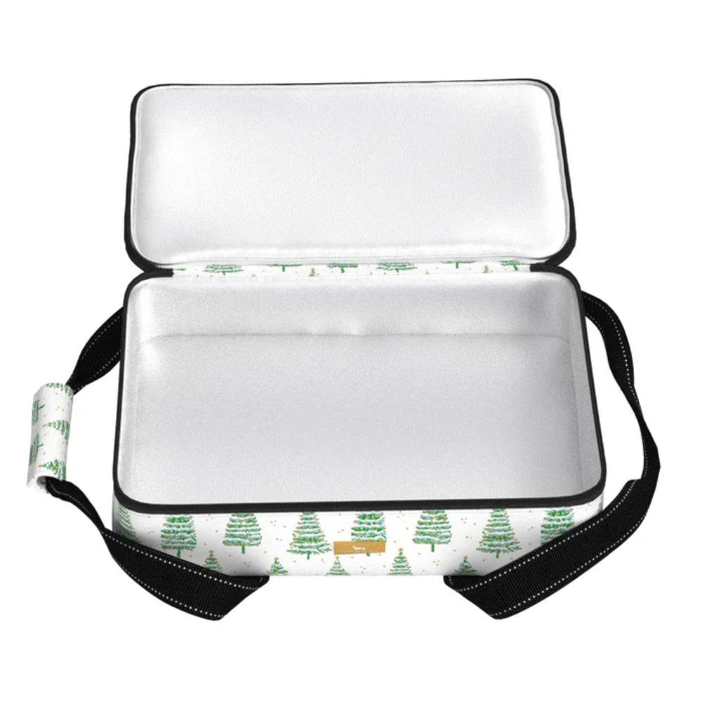 An open rectangular soft-sided cooler bag with a white interior and a printed exterior featuring green pine trees on a white background, with black handles visible.