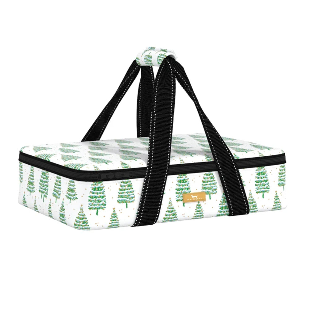 A rectangular soft-sided tote bag with a white background, green Christmas tree pattern, black handles, and a small tan brand patch reading 'The Pine'.