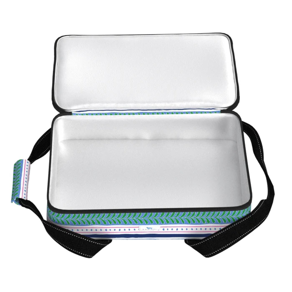 An open rectangular cooler bag with a white insulated interior, black handles, and a blue, green, and pink patterned outer trim on a white background.