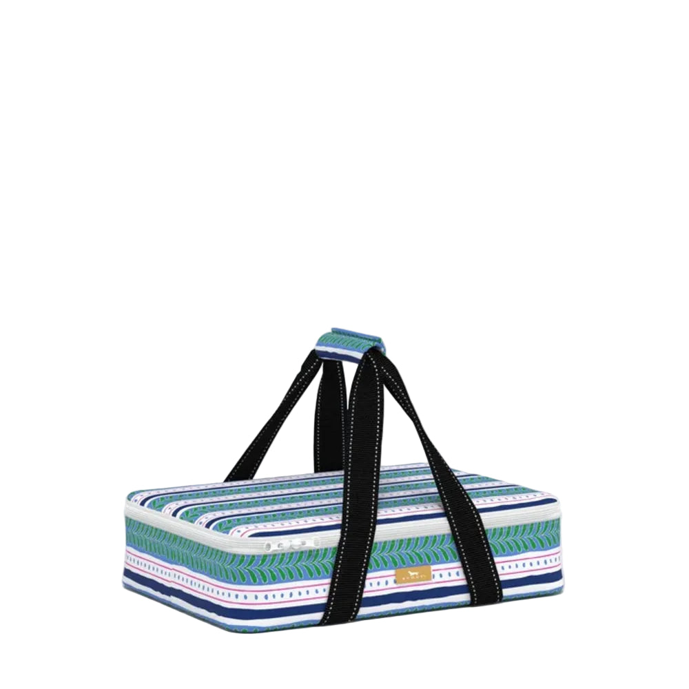 A rectangular hard-sided travel or lunch bag with a colorful striped pattern in teal, blue, white, and pink, featuring black fabric handles with white stitching, set against a plain light gray background.
