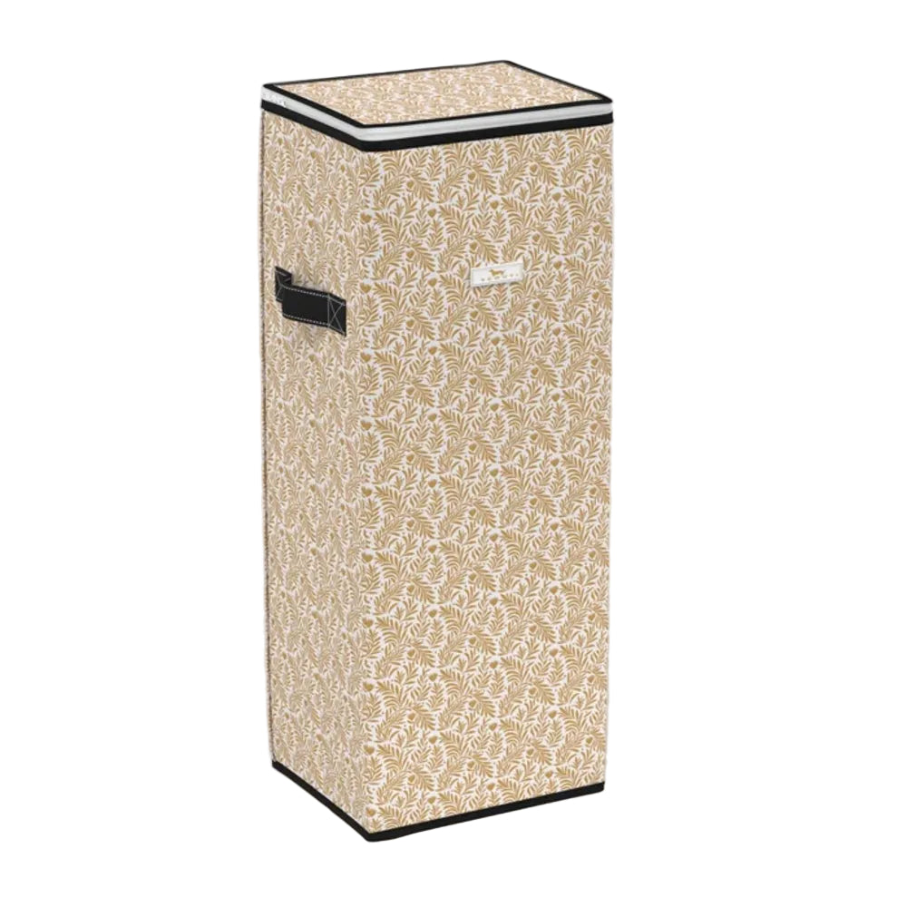 A tall rectangular storage bin or hamper with a beige and white floral damask pattern, black trim, and a black handle, shown on a light gray studio background.