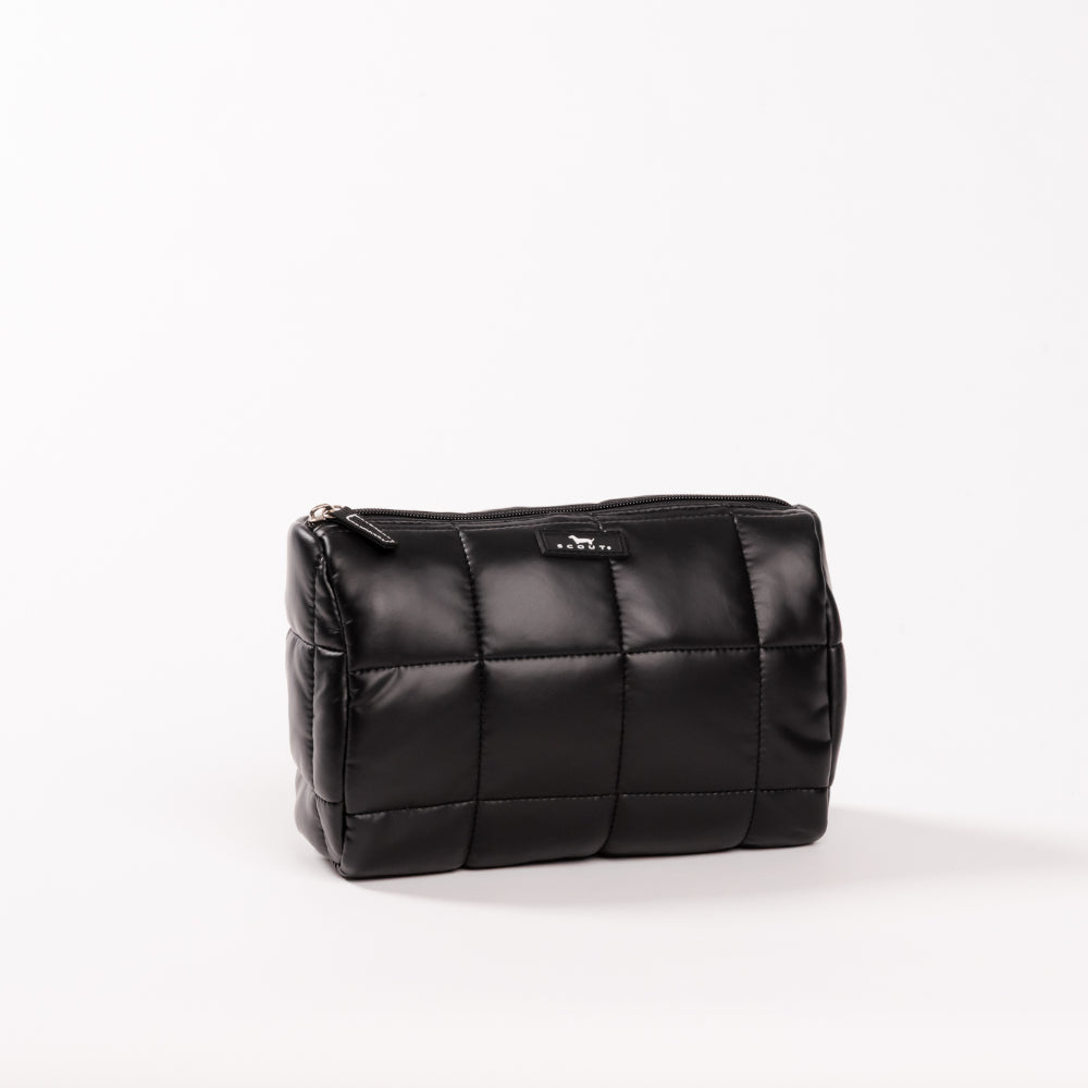 Black quilted cosmetic bag on a white background