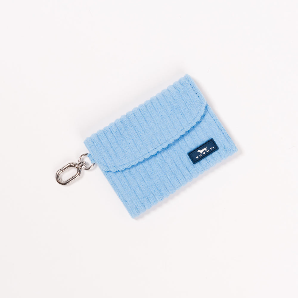 Light blue knit cardholder with a keychain on a white background