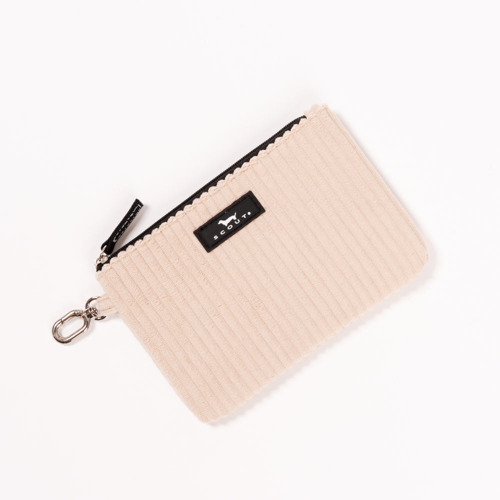 Beige ribbed pouch with a black zipper and brand logo on a white background