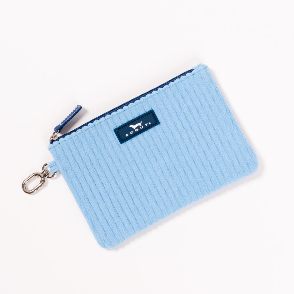 Light blue ribbed pouch with a zipper and keychain on a white background