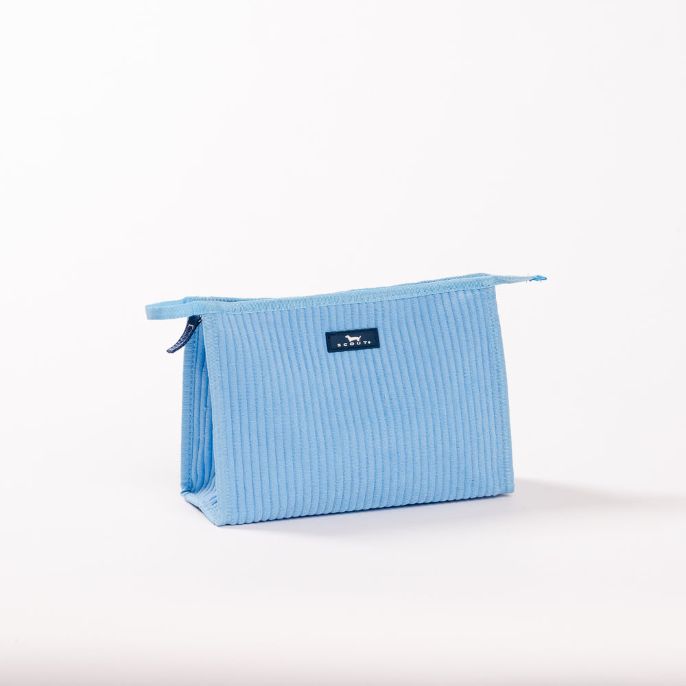 Blue toiletry bag with a brand logo on a white background