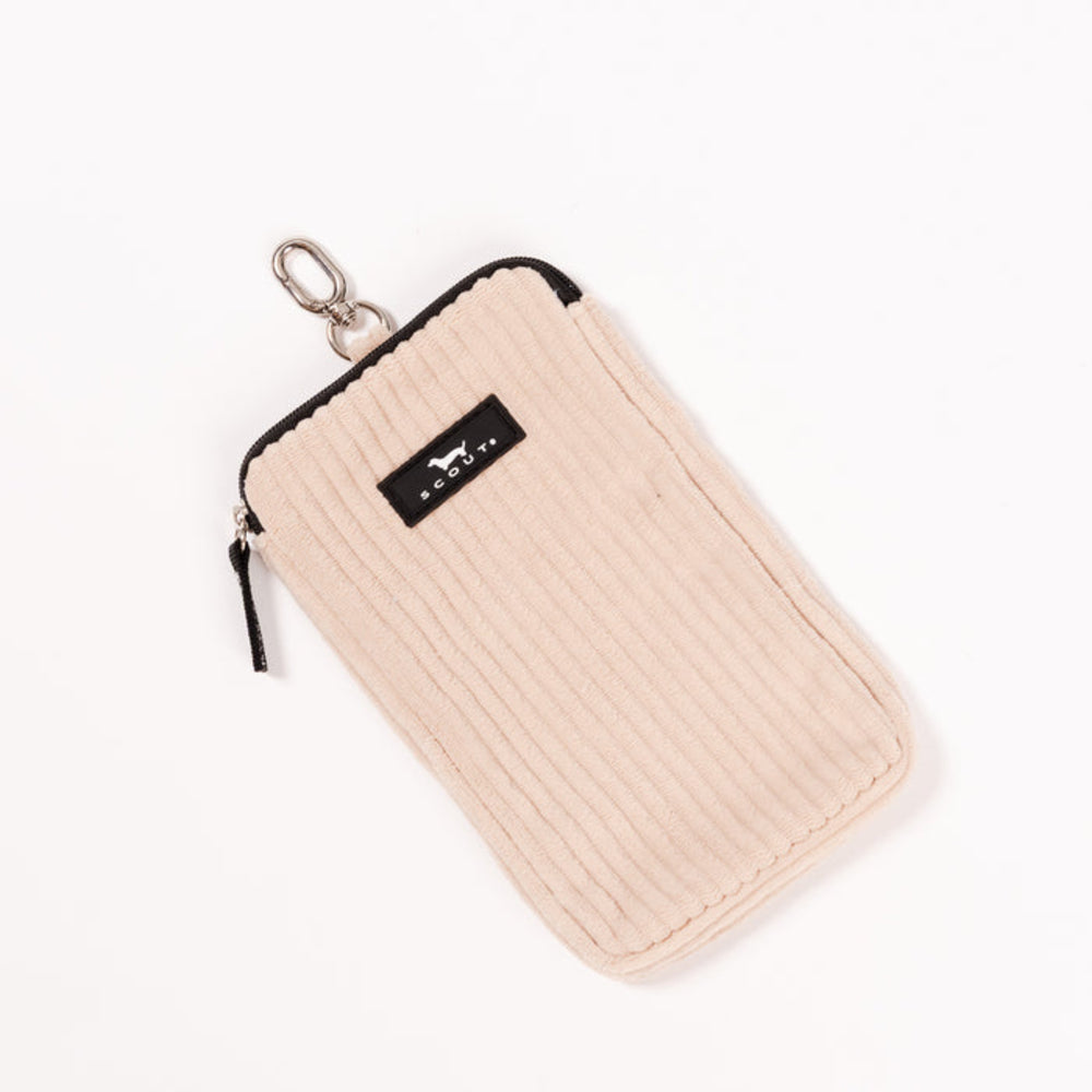 Beige textured pouch with a black label on a white background