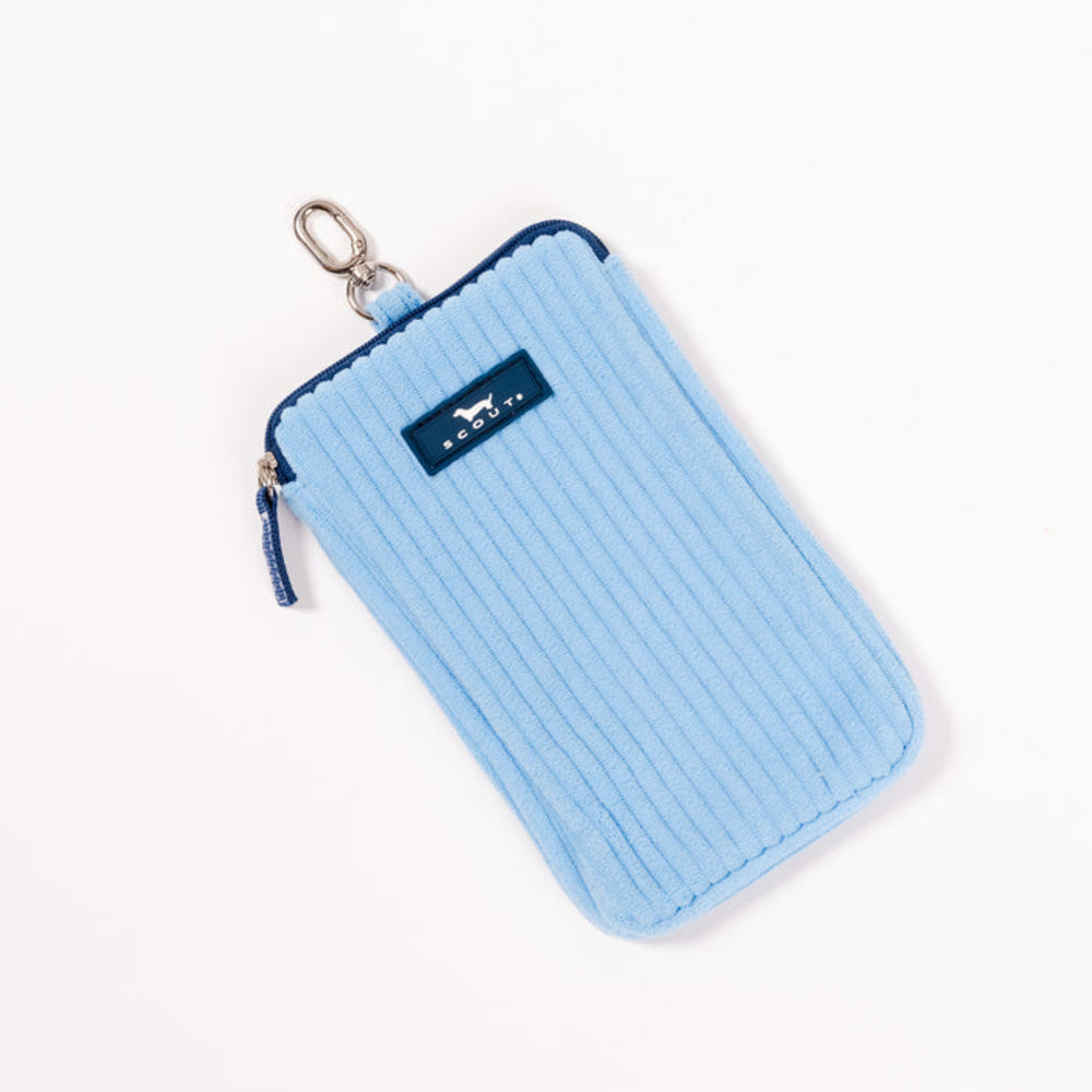 A light blue ribbed fabric zippered pouch with a silver metal key ring and a dark blue brand label on the front, set against a plain white background.