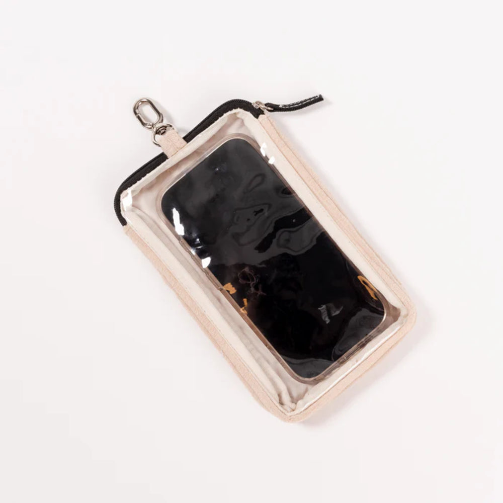 A clear waterproof pouch with a light pink or blush-beige border, a black zipper, and a silver metal clip, shown on a plain white background.