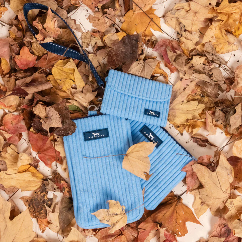 Three light blue ribbed fabric pouches with dark blue straps and small white dog silhouettes on the labels, arranged on a bed of autumn leaves.
