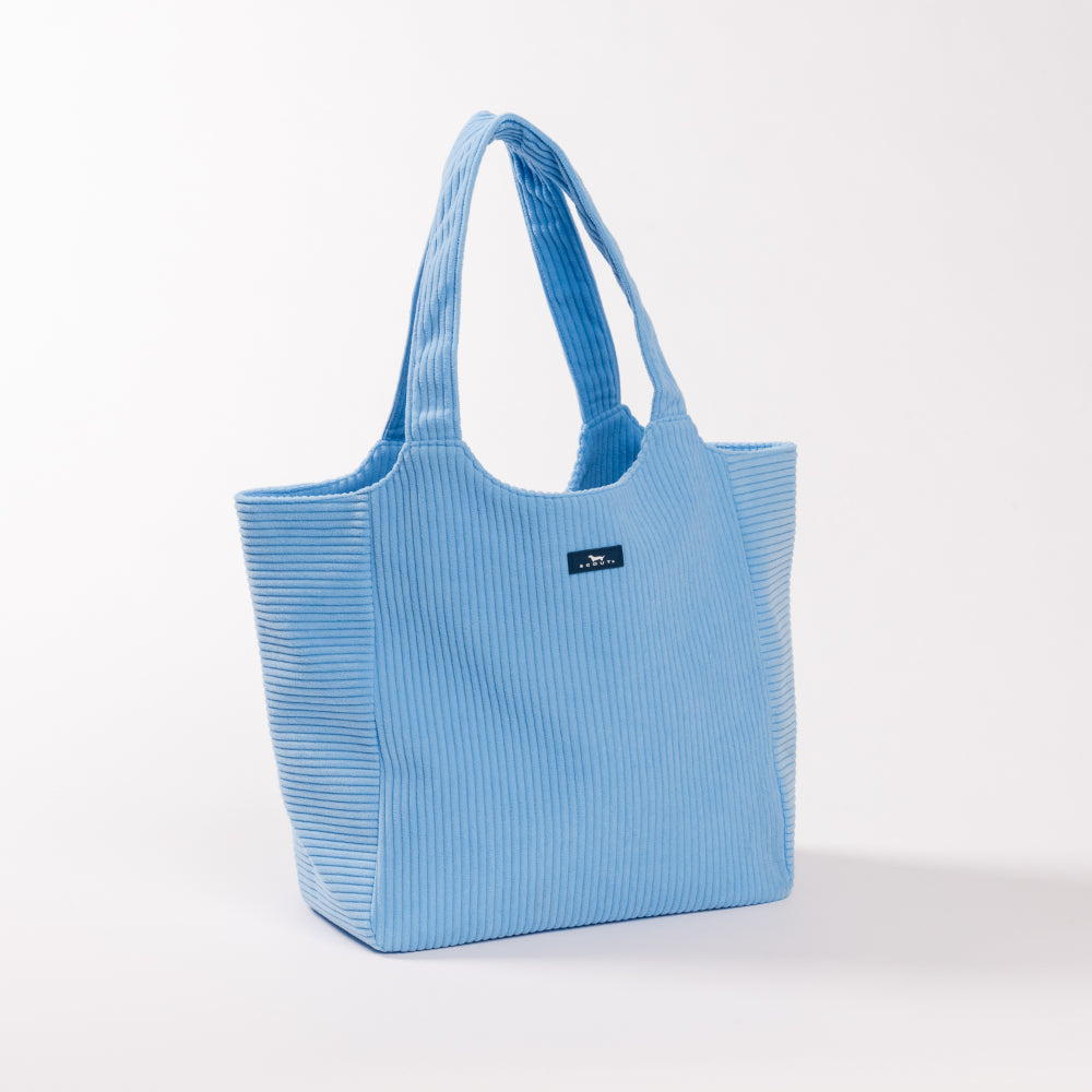 Blue ribbed tote bag on a white background