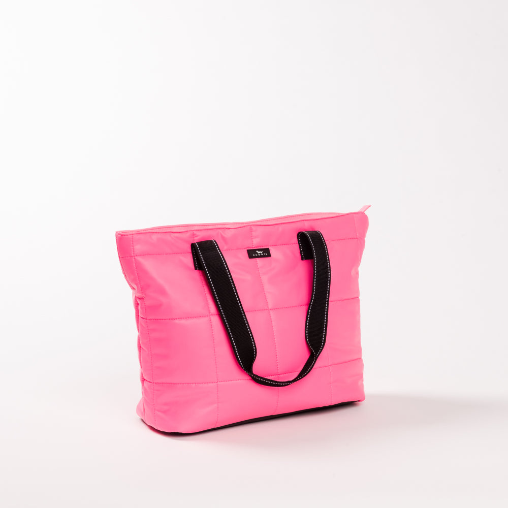 Pink tote bag with black handles on a white background