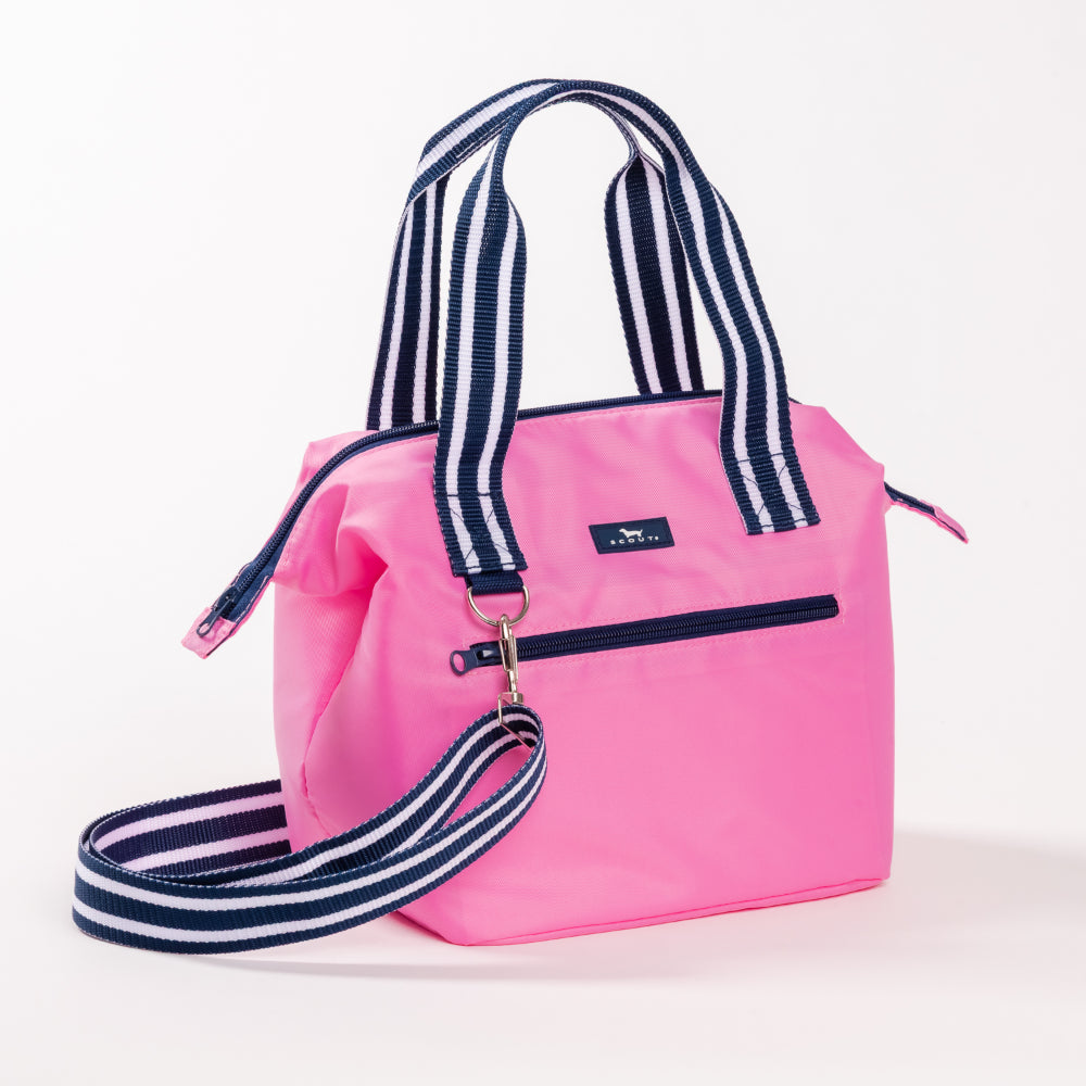 Pink COOLER bag with striped handle and strap on a white background