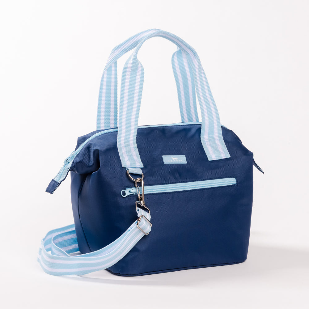 Navy blue cooler bag with handles and crossbody strap