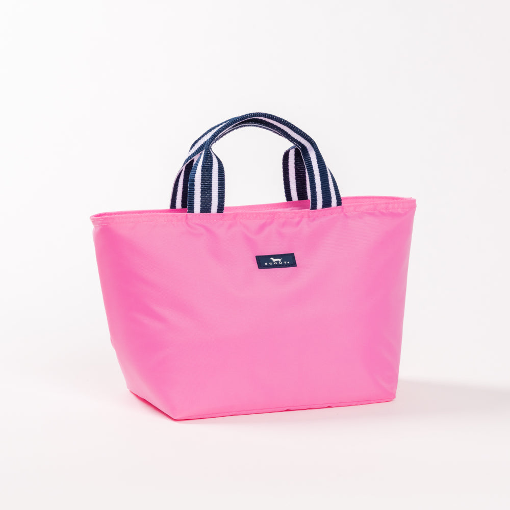 Pink lunch tote bag with striped handles on a white background