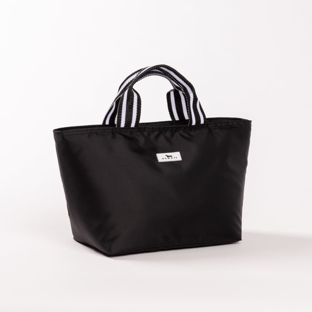 Black lunch tote bag with striped handles on a white background