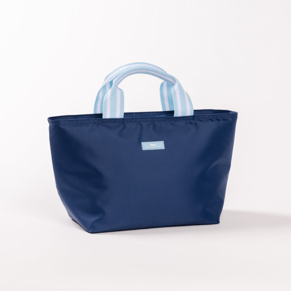 Navy blue lunch tote bag with striped handles on a white background