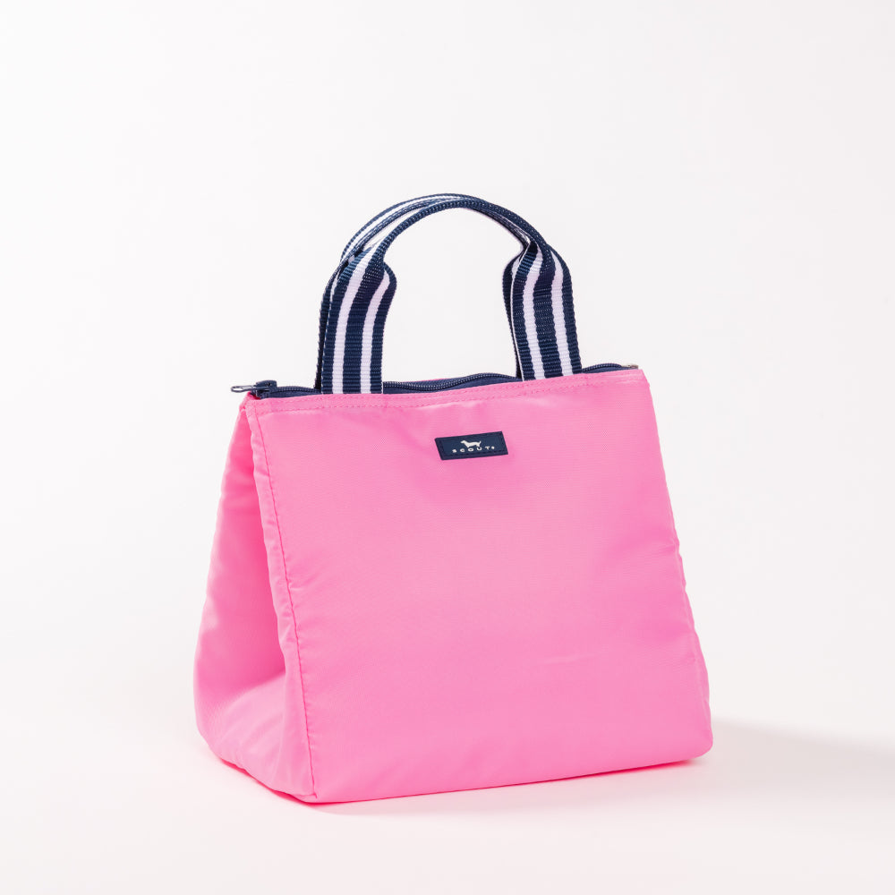 Pink lunch bag with striped handles on a white background