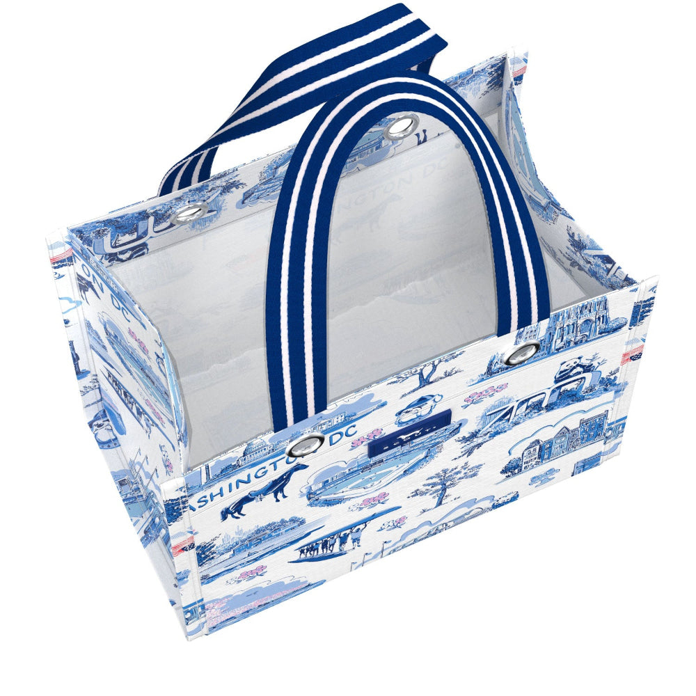 Reusable shopping bag with blue and white design on a white background