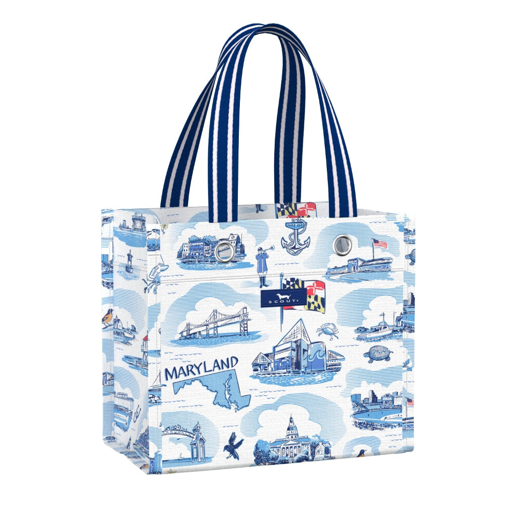 A white tote bag featuring a blue Maryland-themed nautical illustration pattern, with navy and white striped shoulder straps, shown on a plain white background.