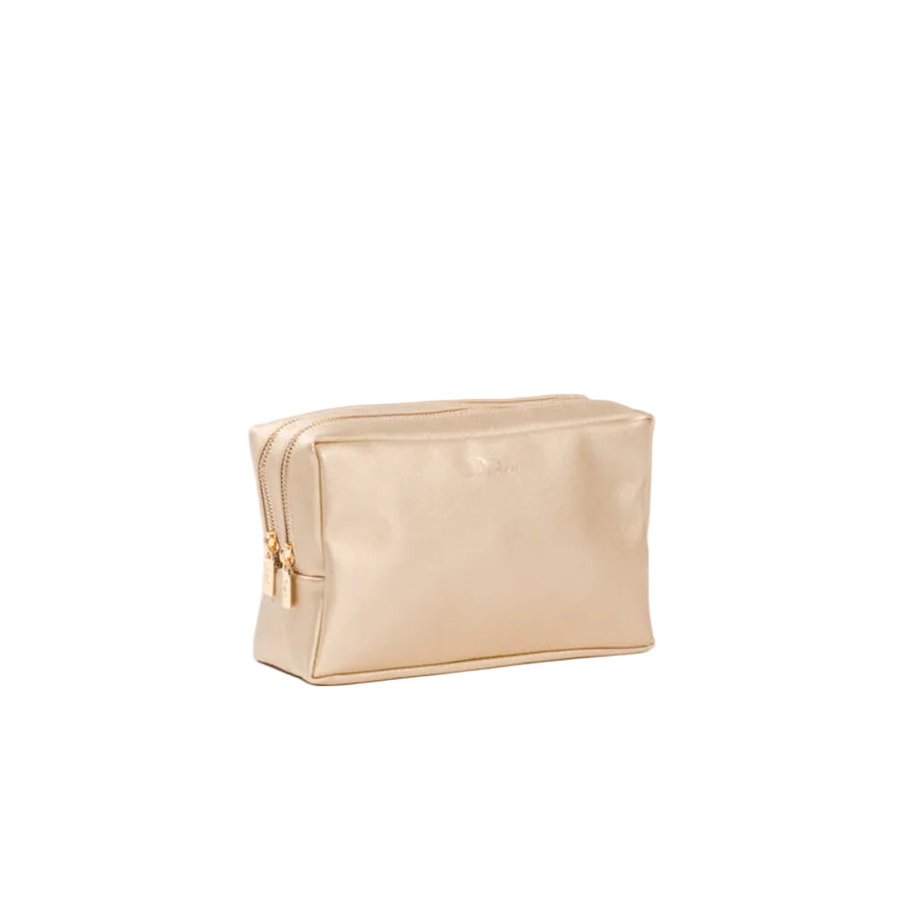 A small metallic gold cosmetic pouch with a top zipper, shown on a clean white background.